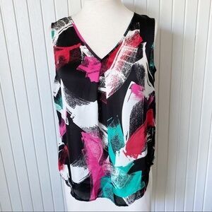 Nine West Pink Green White Black Colorful V-neck Blouse Top Size Medium